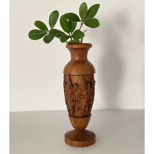 Vintage Wooden Vase Hand Carved/ Candlestick‎ 10"